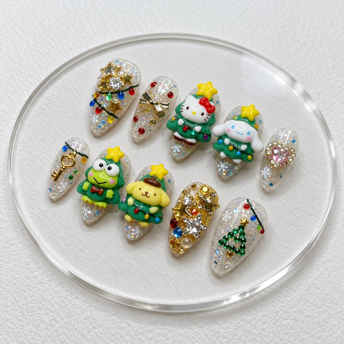 Handmade Kawaii Sanrio Christmas Press On Nails, 3D Hello Kitty Character Nail Set, Tree Star Glitter Accents, Nails For Cute Holiday Vibes