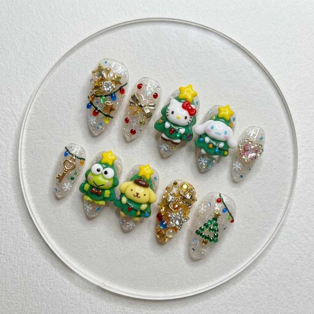 Handmade Kawaii Sanrio Christmas Press On Nails, 3D Hello Kitty Character Nail Set, Tree Star Glitter Accents, Nails For Cute Holiday Vibes