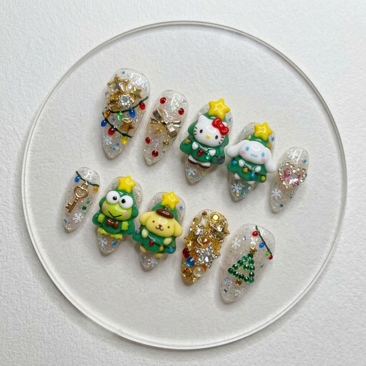 Handmade Kawaii Sanrio Christmas Press On Nails, 3D Hello Kitty Character Nail Set, Tree Star Glitter Accents, Nails For Cute Holiday Vibes