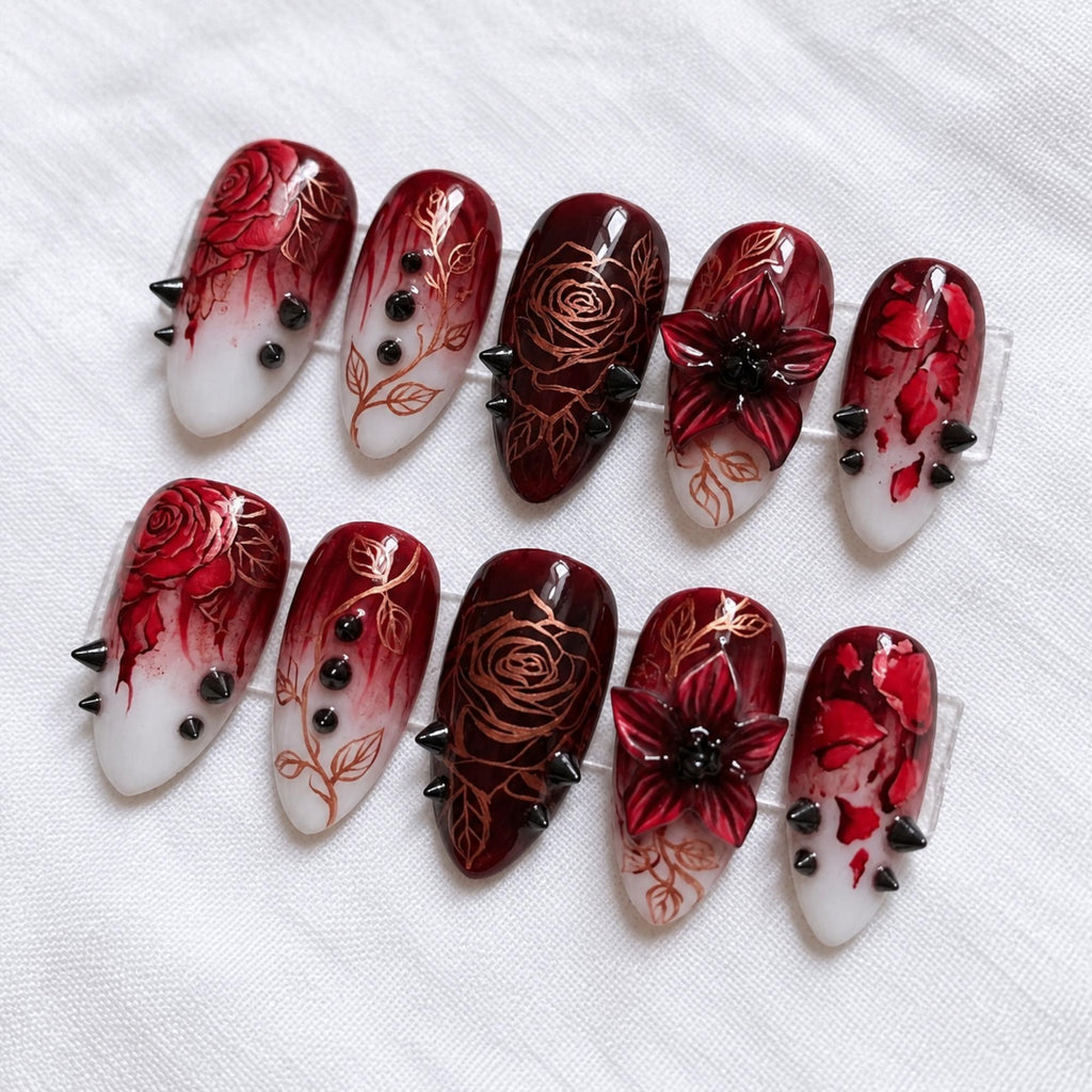 Handmade Gothic Rose Press On Nails, Vampire Floral Nail Set, Blood Drip 3D Flower & Spike Accents, Nails For Dark Romantic Vibes