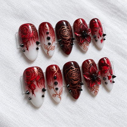 Handmade Gothic Rose Press On Nails, Vampire Floral Nail Set, Blood Drip 3D Flower & Spike Accents, Nails For Dark Romantic Vibes