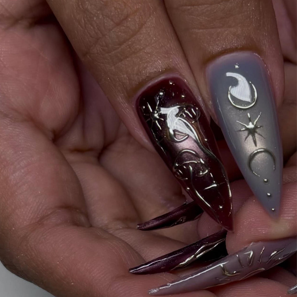 Burgundy Press On Nails with Silver Chrome Art | Dark Romantic Metallic Design | Long Stiletto Nails | JB551UI