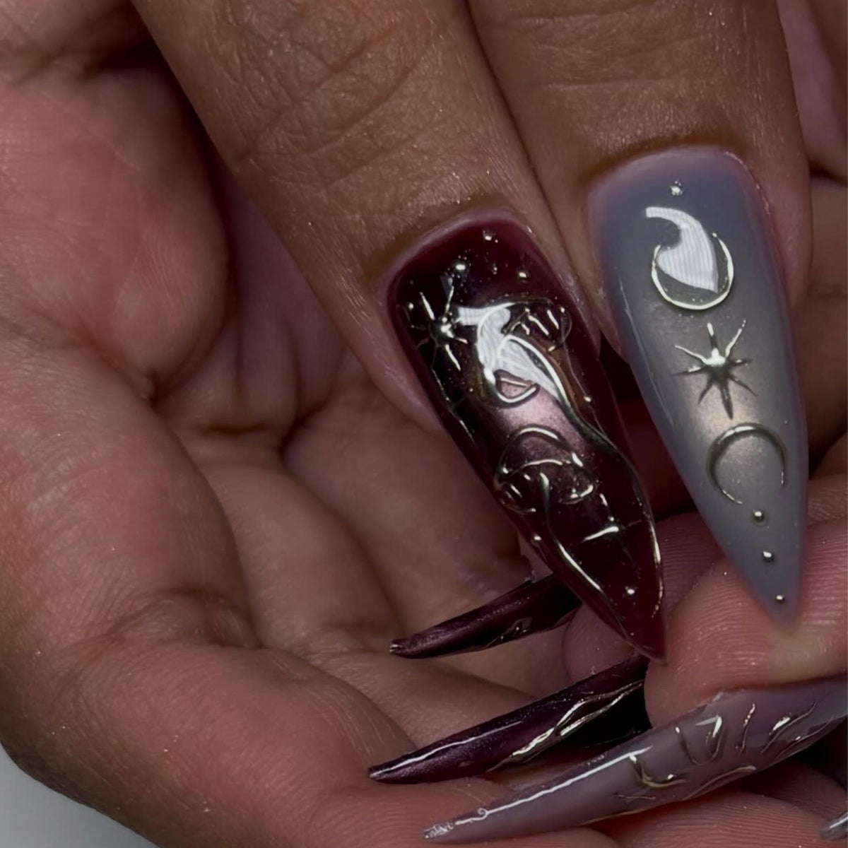 Burgundy Press On Nails with Silver Chrome Art | Dark Romantic Metallic Design | Long Stiletto Nails | JB551UI
