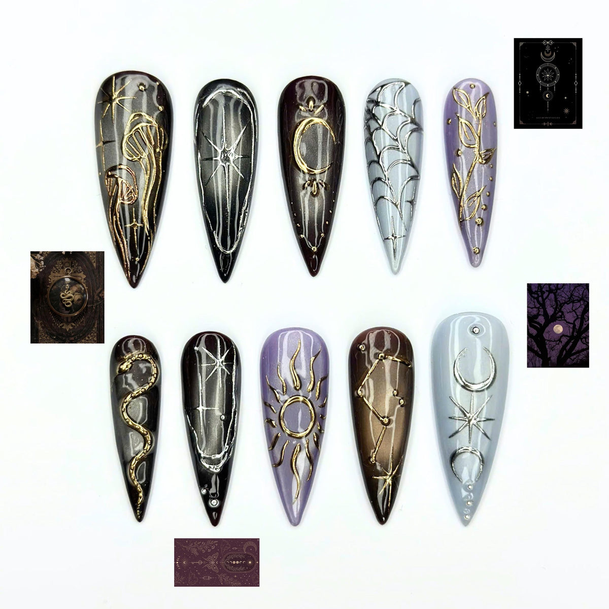 Burgundy Press On Nails with Silver Chrome Art | Dark Romantic Metallic Design | Long Stiletto Nails | JB551UI