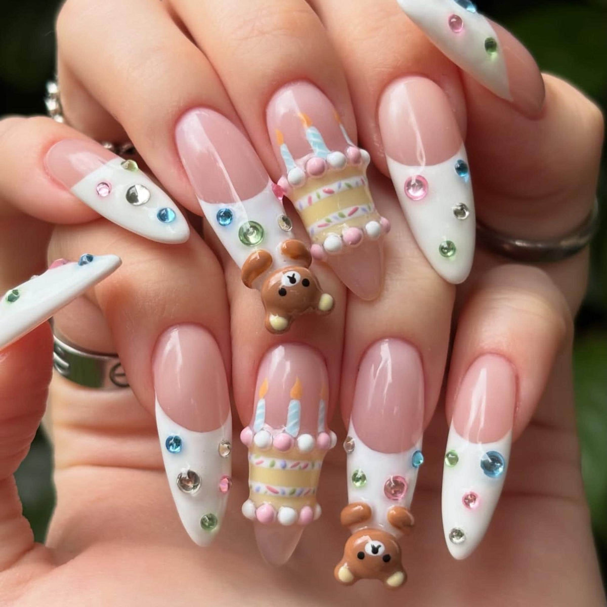 3D Birthday Cake Press On Nails, Kawaii Bear Rhinestone French Tip Nails