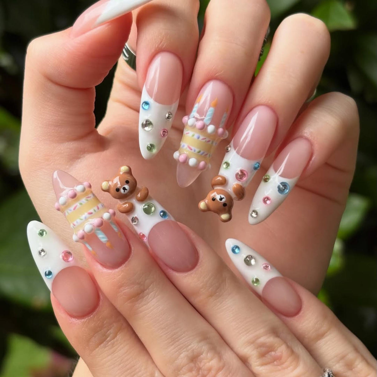 3D Birthday Cake Press On Nails, Kawaii Bear Rhinestone French Tip Nails
