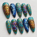Handmade Celestial Press On Nails | Sun Moon Stained Glass Inspired | Turquoise Almond Nails | Floral Star Nail Art | Art Nouveau Design