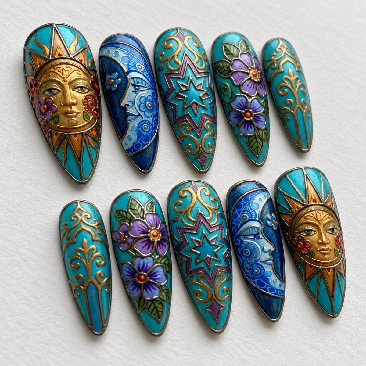 Handmade Celestial Press On Nails | Sun Moon Stained Glass Inspired | Turquoise Almond Nails | Floral Star Nail Art | Art Nouveau Design