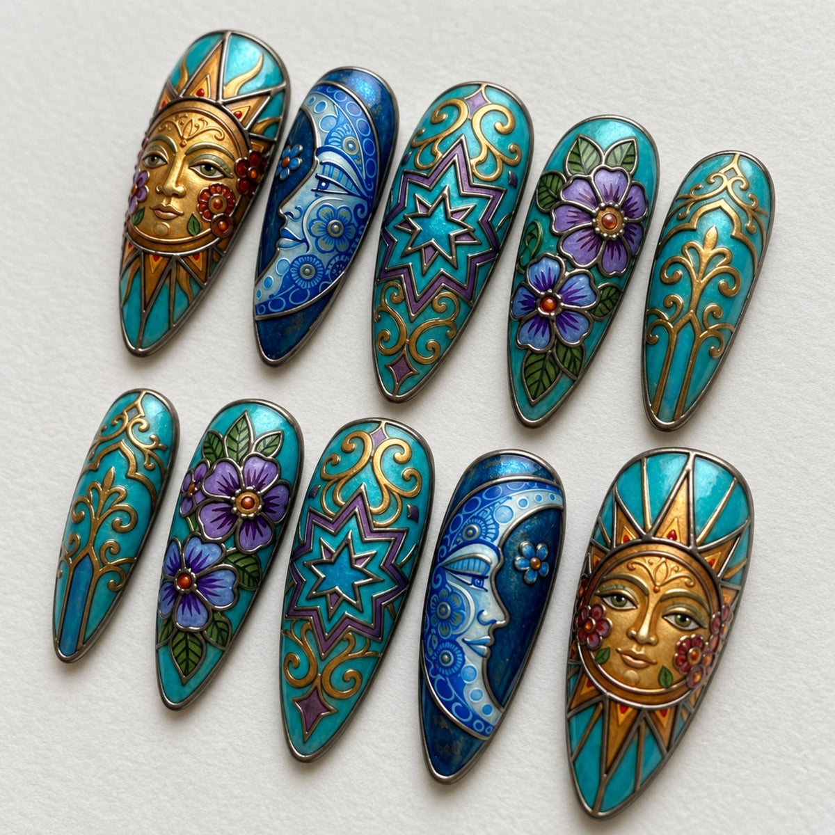 Handmade Celestial Press On Nails | Sun Moon Stained Glass Inspired | Turquoise Almond Nails | Floral Star Nail Art | Art Nouveau Design