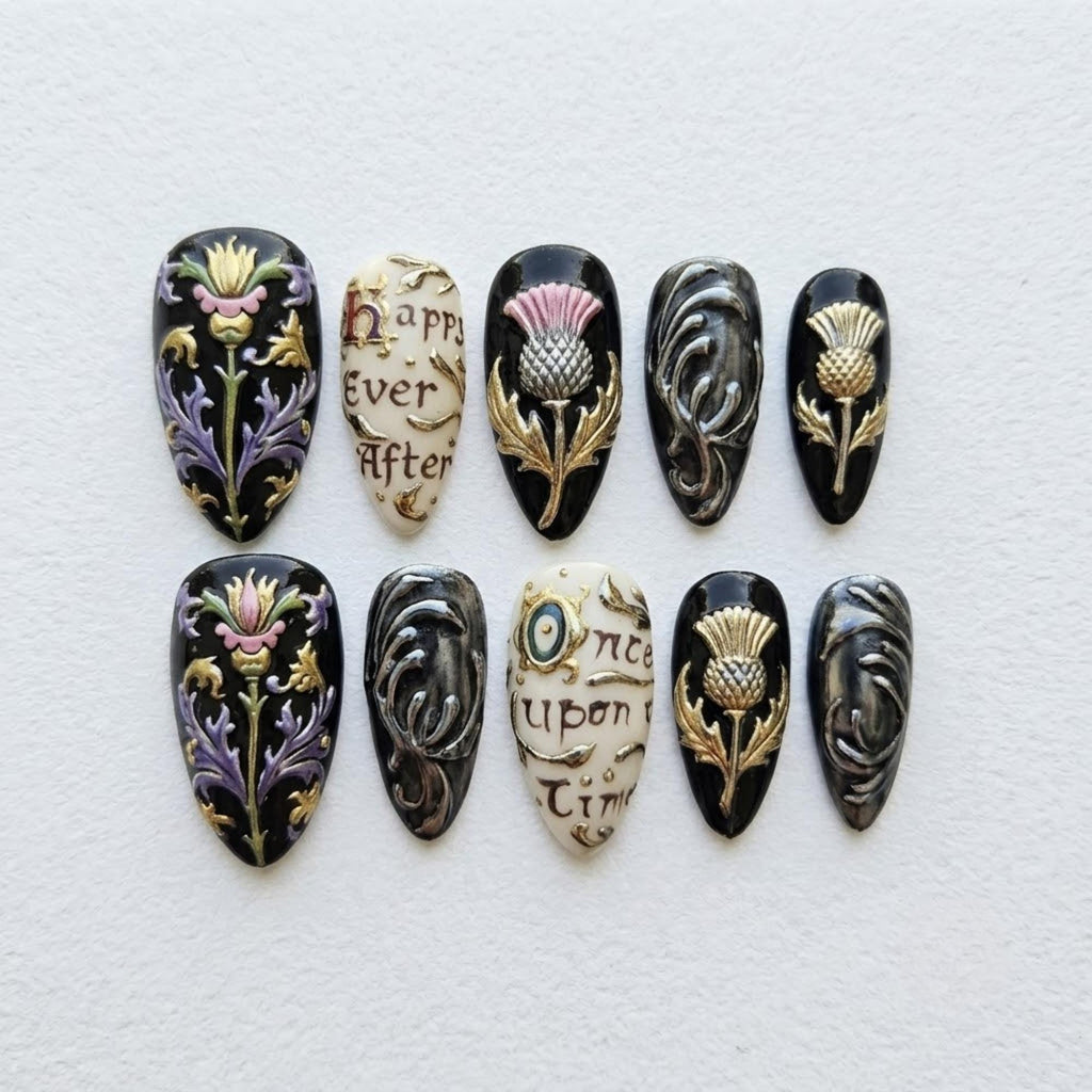 Gothic Fairytale Press On Nails | Storybook Romance Inspired | Luxury Almond Nails | Thistle Script Swirl Nail | 3D Gold Relief Nail Art