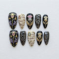 Gothic Fairytale Press On Nails | Storybook Romance Inspired | Luxury Almond Nails | Thistle Script Swirl Nail | 3D Gold Relief Nail Art