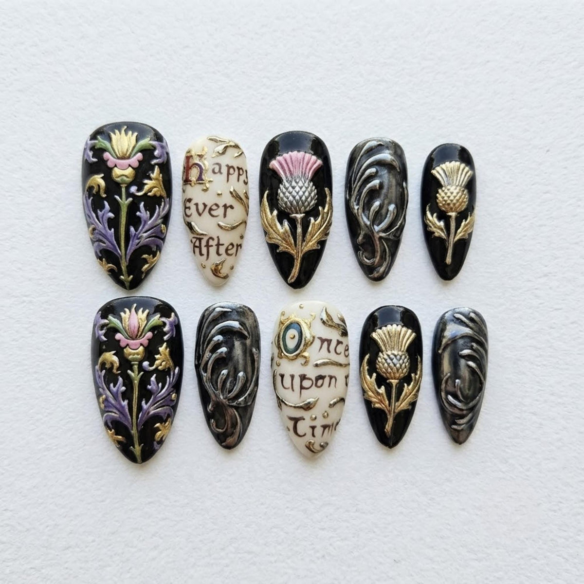 Gothic Fairytale Press On Nails | Storybook Romance Inspired | Luxury Almond Nails | Thistle Script Swirl Nail | 3D Gold Relief Nail Art