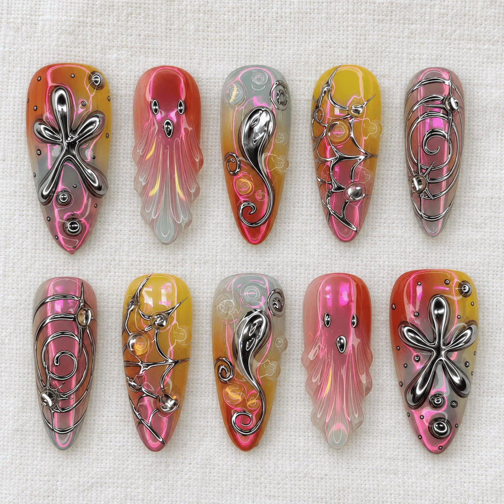Y2K Futuristic Press On Nails, 3D Abstract Jelly Nail Set, Cyber Silver Chrome Nails