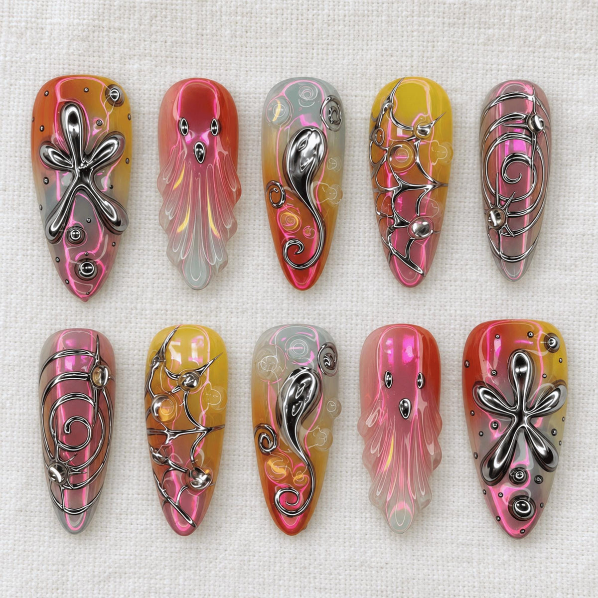 Y2K Futuristic Press On Nails, 3D Abstract Jelly Nail Set, Cyber Silver Chrome Nails
