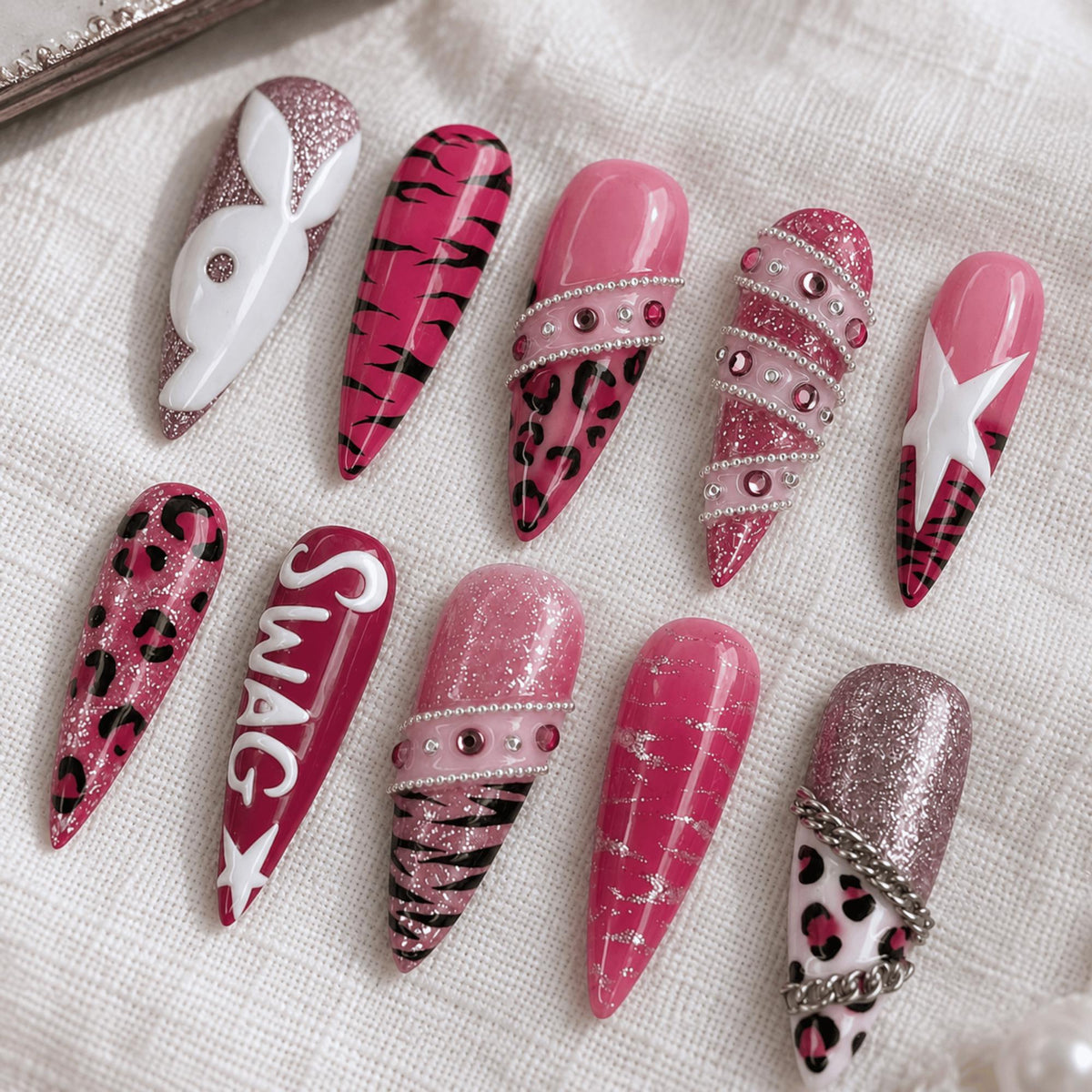 Pink Y2K Press On Nails, Leopard Print Cyber Stiletto Nails, Handmade Bold Nail Art