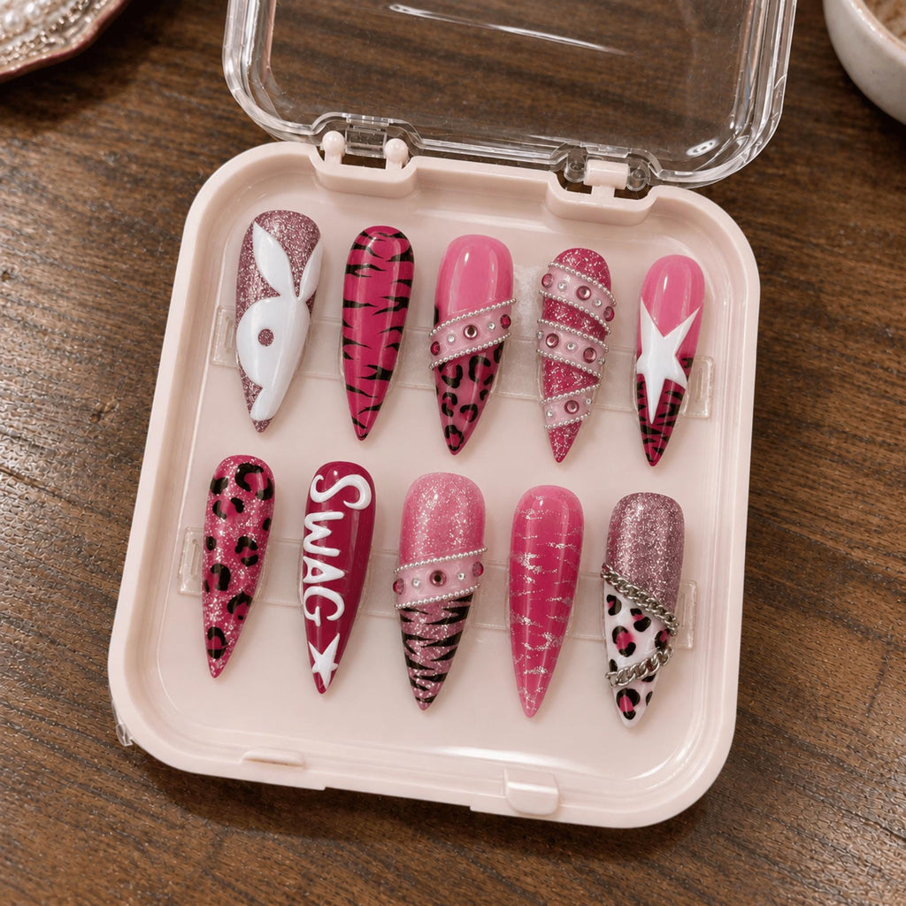 Pink Y2K Press On Nails, Leopard Print Cyber Stiletto Nails, Handmade Bold Nail Art