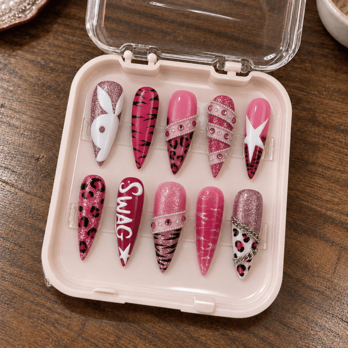 Pink Y2K Press On Nails, Leopard Print Cyber Stiletto Nails, Handmade Bold Nail Art