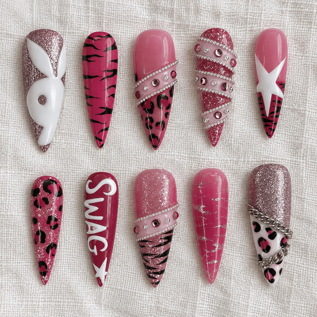 Pink Y2K Press On Nails, Leopard Print Cyber Stiletto Nails, Handmade Bold Nail Art