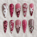 Pink Y2K Press On Nails, Leopard Print Cyber Stiletto Nails, Handmade Bold Nail Art