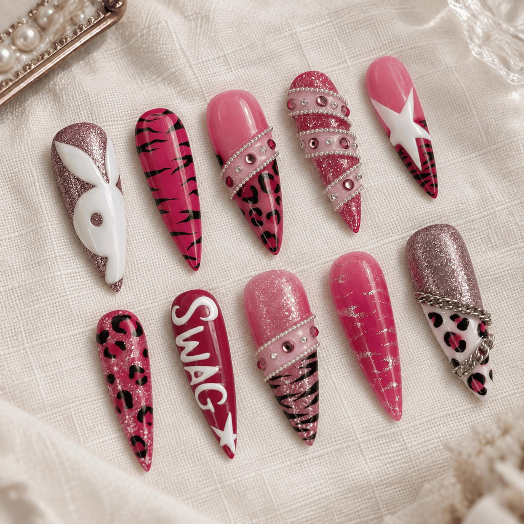 Pink Y2K Press On Nails, Leopard Print Cyber Stiletto Nails, Handmade Bold Nail Art