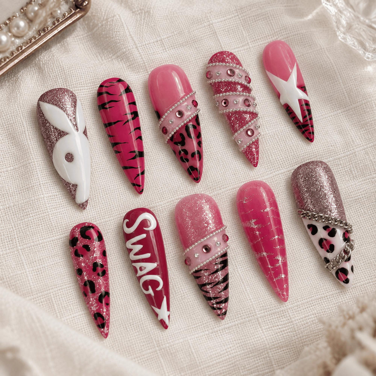 Pink Y2K Press On Nails, Leopard Print Cyber Stiletto Nails, Handmade Bold Nail Art
