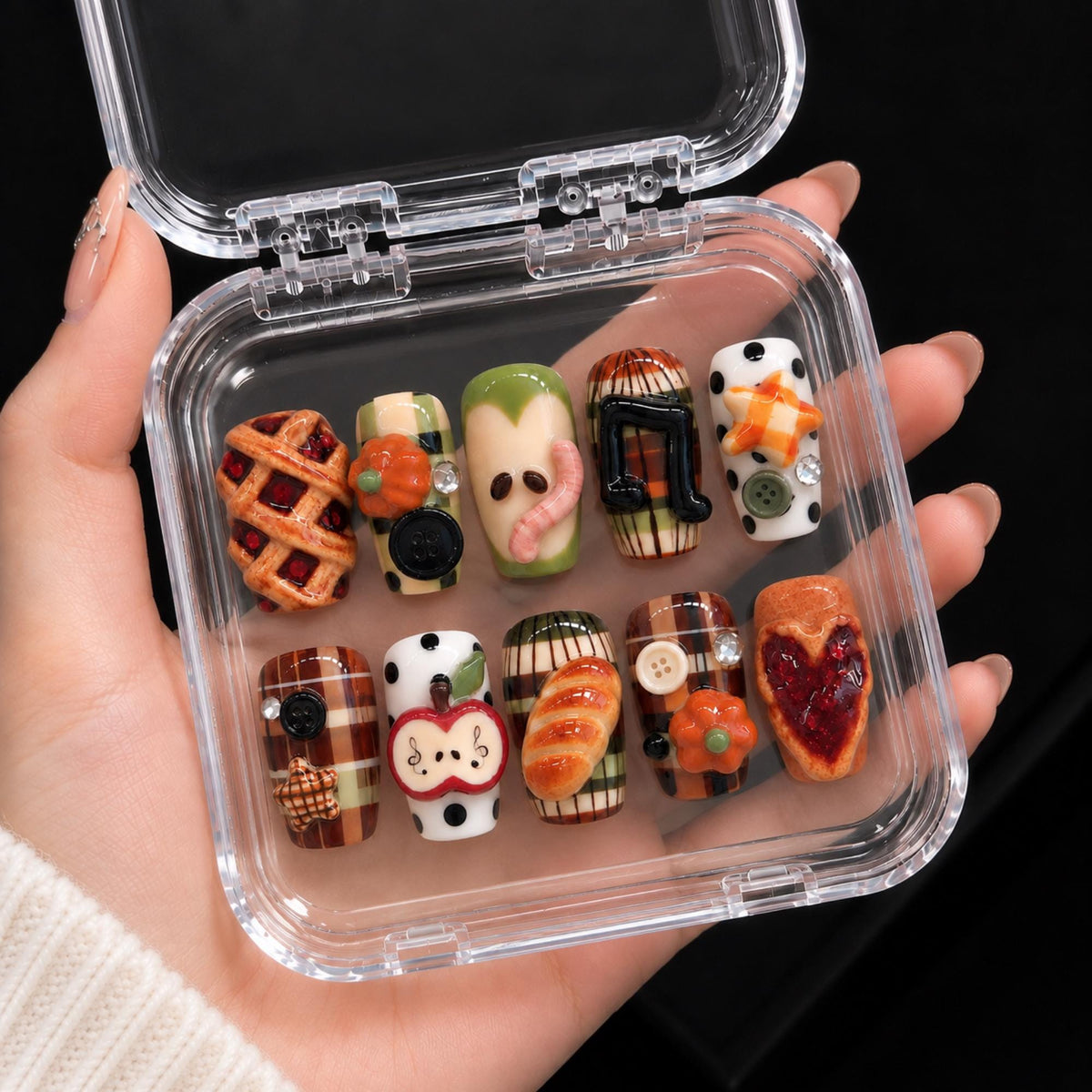 Kawaii Fall Press On Nails, 3D Apple Pie Plaid Nails, Cozy Autumn Nail Set