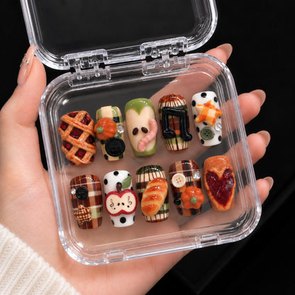 Kawaii Fall Press On Nails, 3D Apple Pie Plaid Nails, Cozy Autumn Nail Set