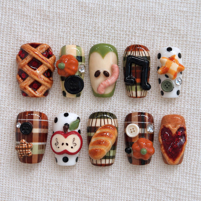 Kawaii Fall Press On Nails, 3D Apple Pie Plaid Nails, Cozy Autumn Nail Set