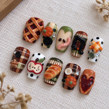 Kawaii Fall Press On Nails, 3D Apple Pie Plaid Nails, Cozy Autumn Nail Set