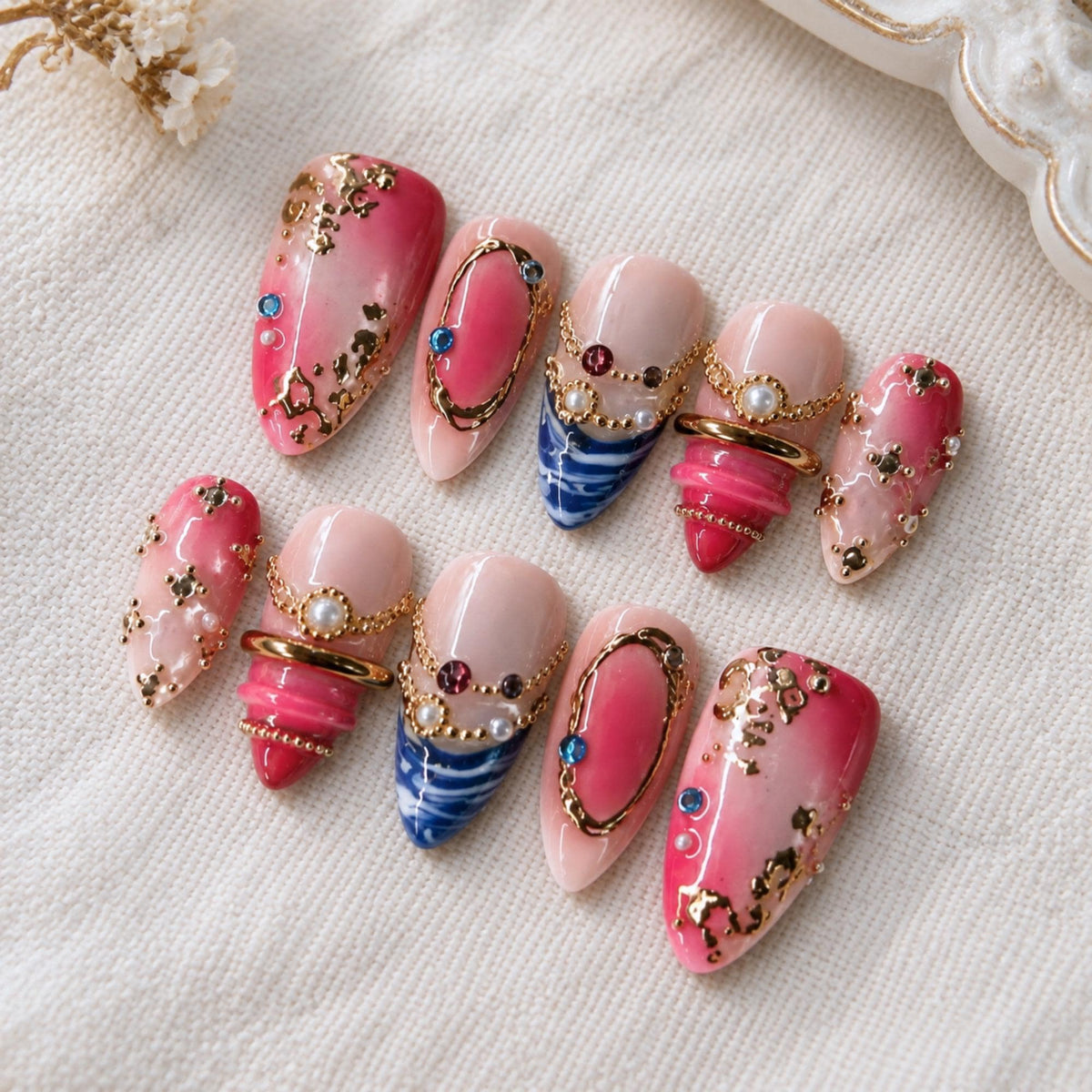 Luxury Pink Press On Nails, 3D Gold Pearl Gem Nail Art, Princess Jewelry Nails
