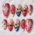 Luxury Pink Press On Nails, 3D Gold Pearl Gem Nail Art, Princess Jewelry Nails