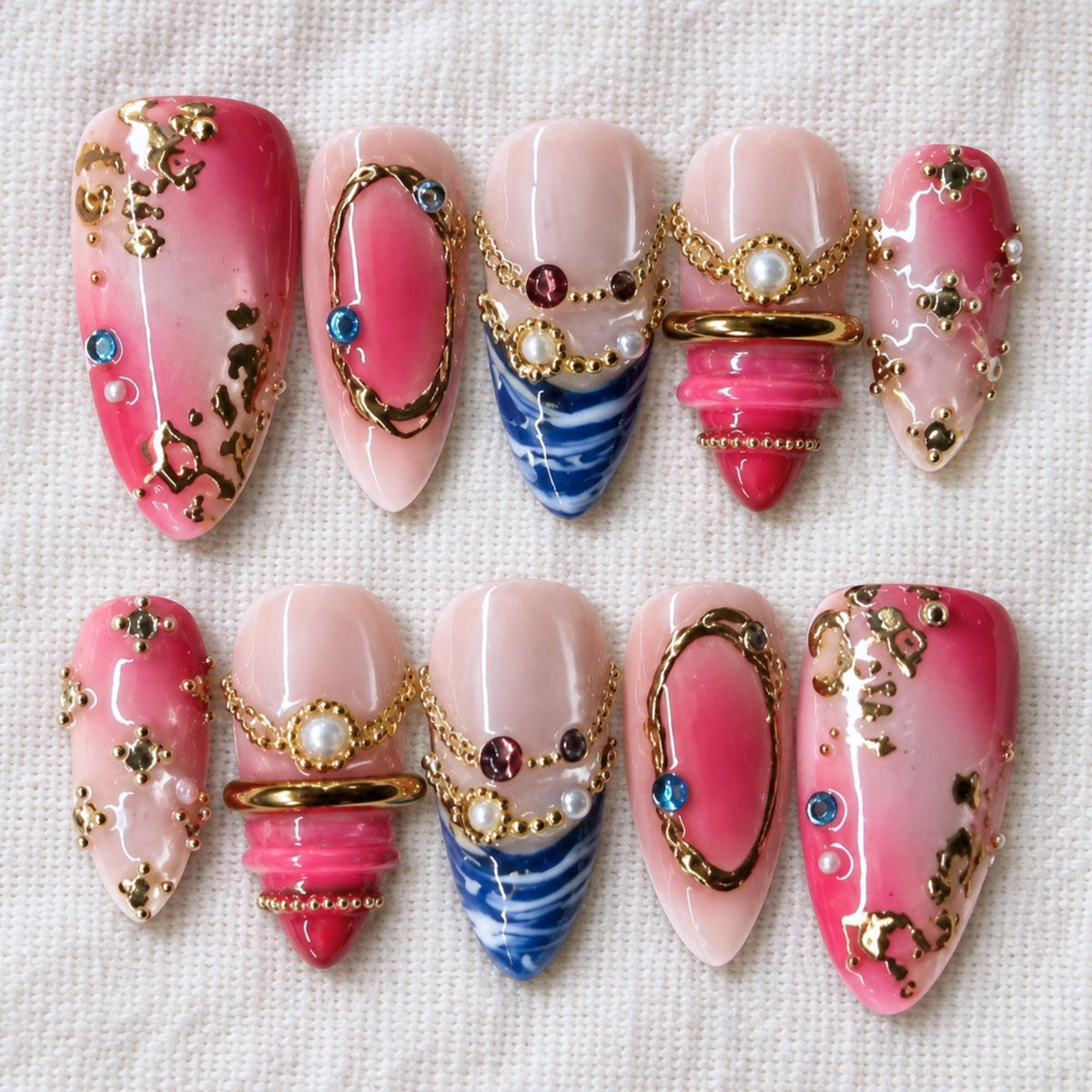 Luxury Pink Press On Nails, 3D Gold Pearl Gem Nail Art, Princess Jewelry Nails