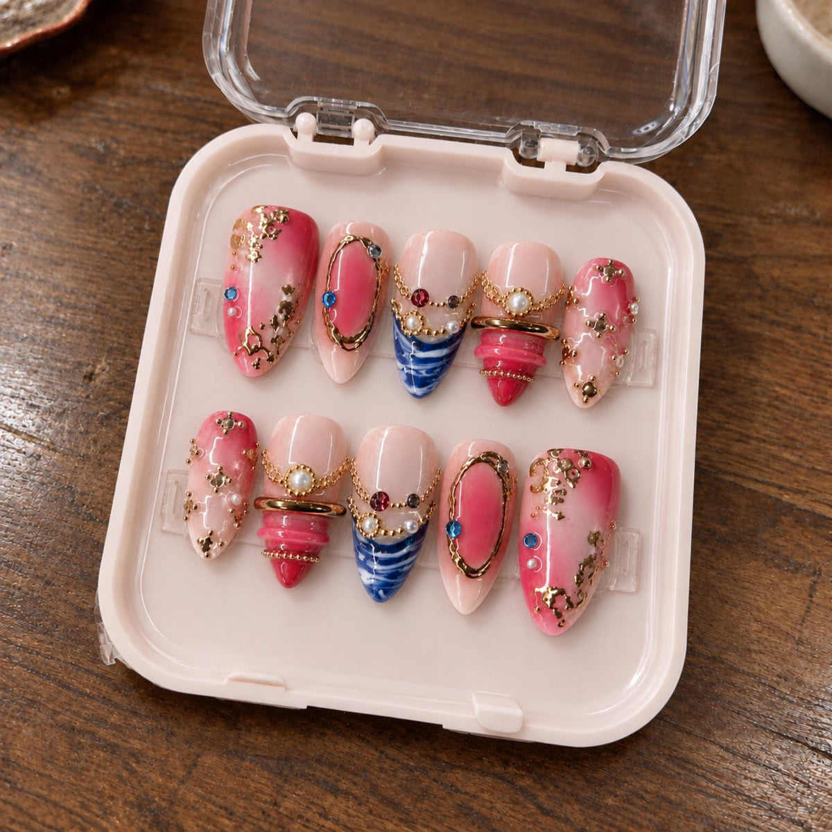 Luxury Pink Press On Nails, 3D Gold Pearl Gem Nail Art, Princess Jewelry Nails