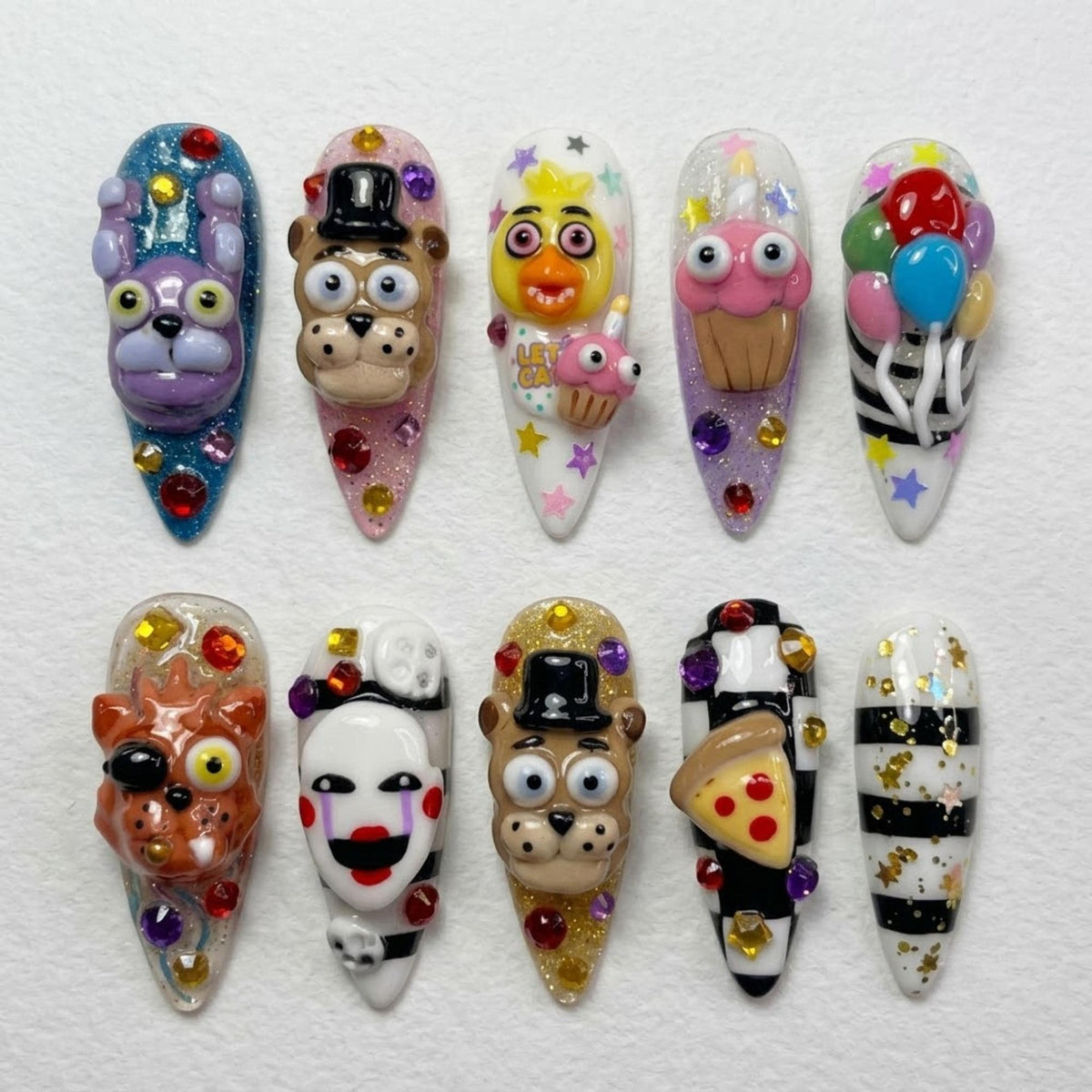 Handmade Spooky Character Press On Nails, FNAF Inspired Nail Set, Bonnie Freddy Foxy Pizza & Balloon Accents, Nails For Fun Creepy Vibes
