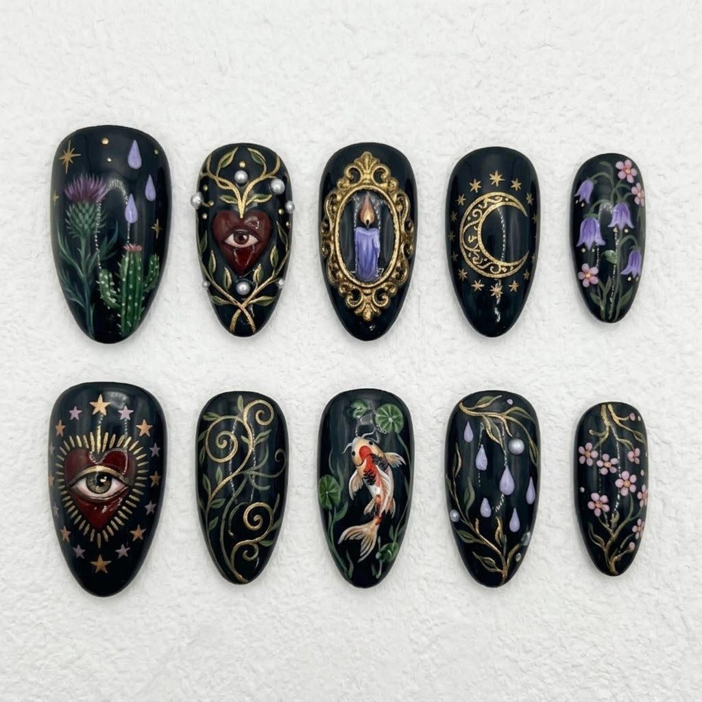 Handmade Gothic Botanical Press On Nails, Mystic Celestial Nail Set, Eye Moon Candle & Koi Fish Accents, Nails For Dark Enchanted Vibes