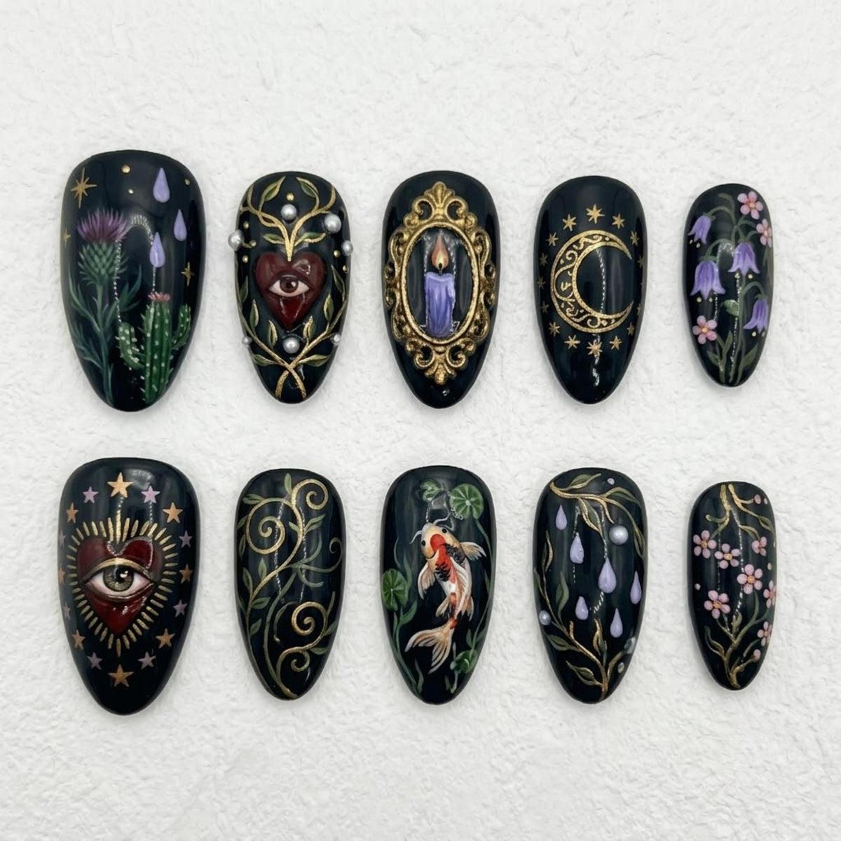 Handmade Gothic Botanical Press On Nails, Mystic Celestial Nail Set, Eye Moon Candle & Koi Fish Accents, Nails For Dark Enchanted Vibes