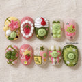 Kawaii Strawberry Press On Nails, 3D Fruit Dessert Nails, Japanese Green Character Nail Art
