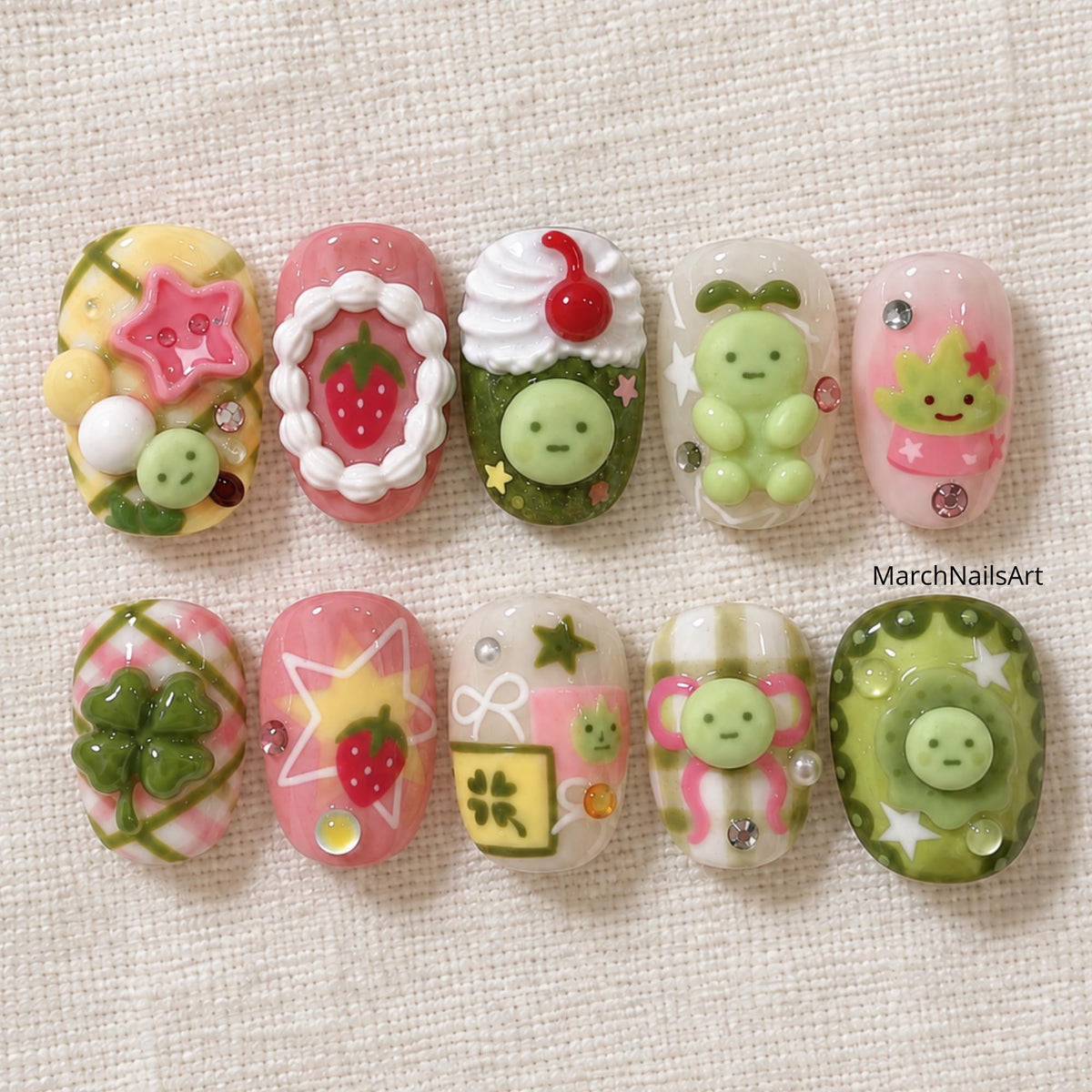 Kawaii Strawberry Press On Nails, 3D Fruit Dessert Nails, Japanese Green Character Nail Art