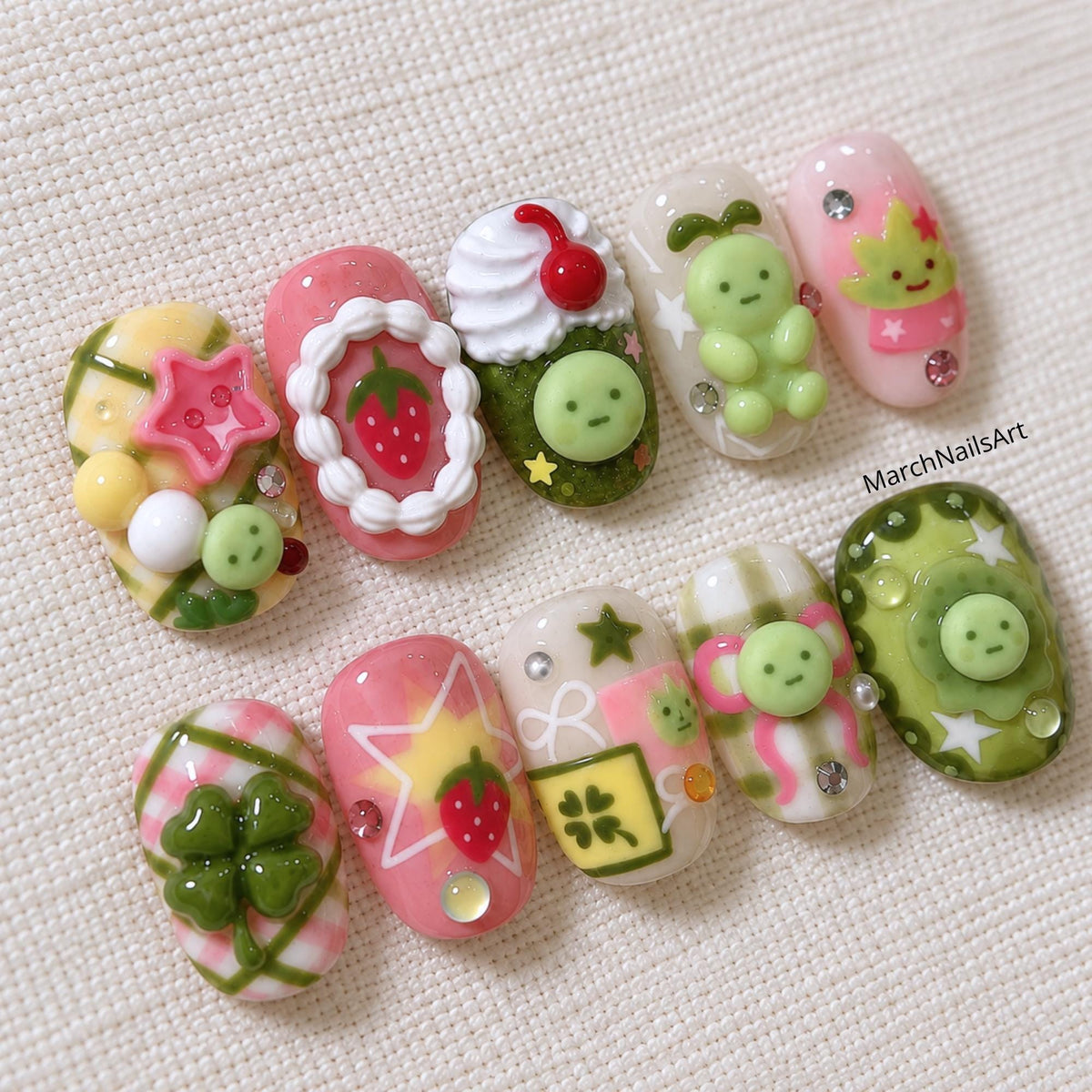 Kawaii Strawberry Press On Nails, 3D Fruit Dessert Nails, Japanese Green Character Nail Art