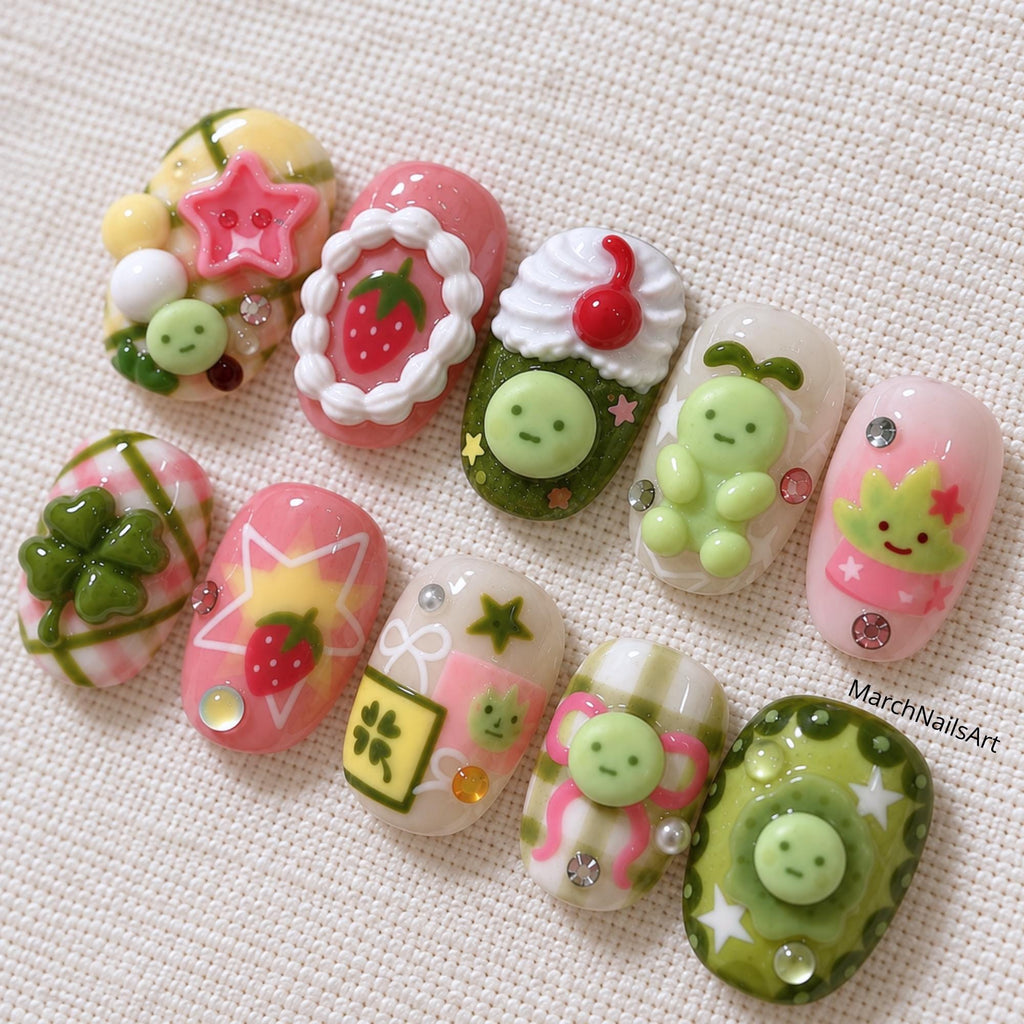 Kawaii Strawberry Press On Nails, 3D Fruit Dessert Nails, Japanese Green Character Nail Art