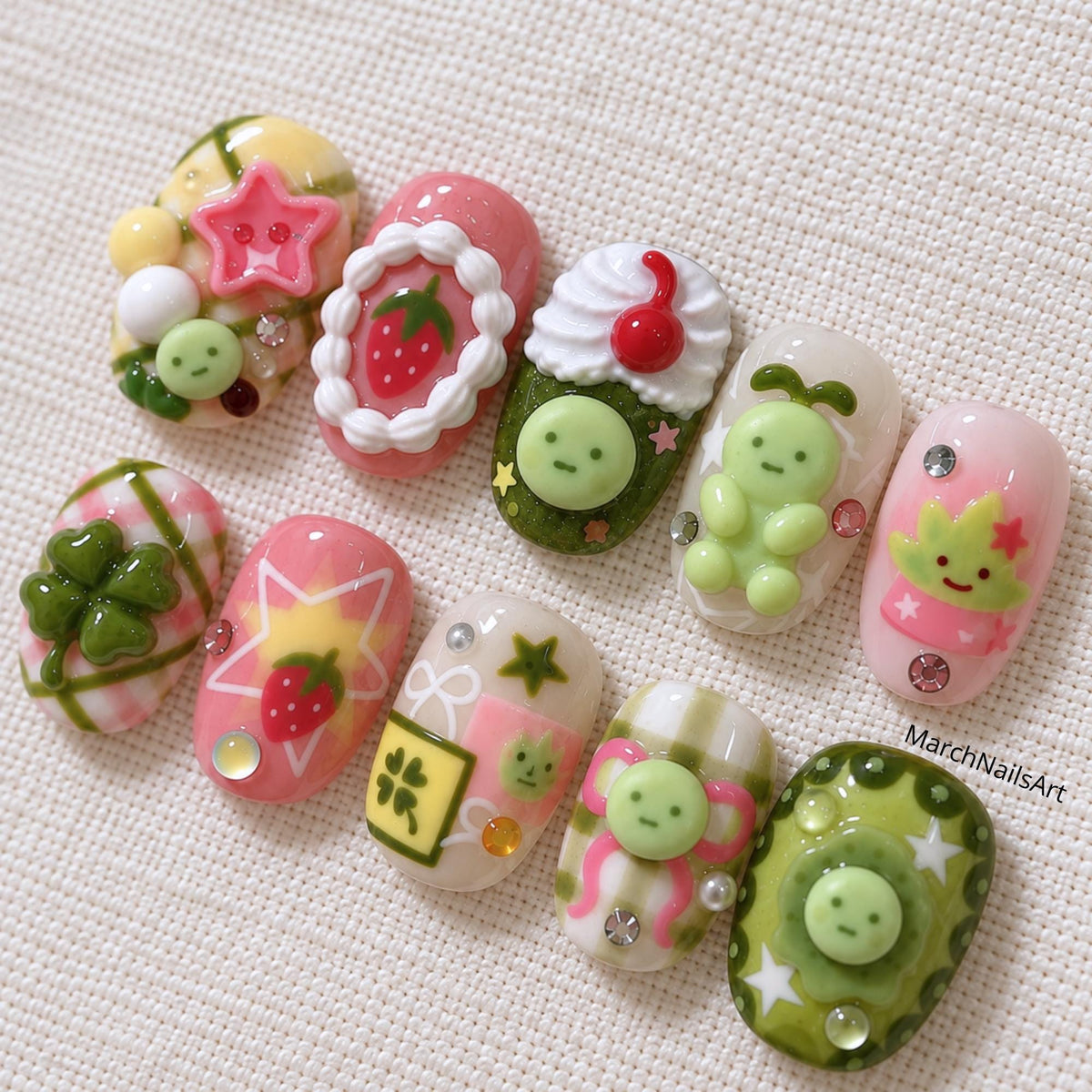 Kawaii Strawberry Press On Nails, 3D Fruit Dessert Nails, Japanese Green Character Nail Art