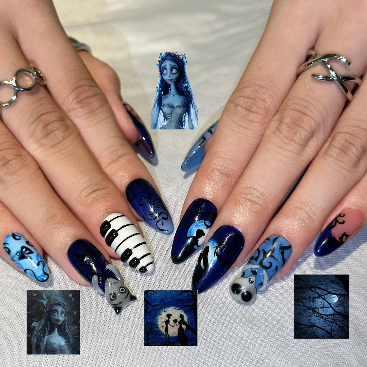 Dark Fantasy Press On Nails with Gothic Art | Midnight Blue 3D Details | Spooky Storybook Nails | JB552UC