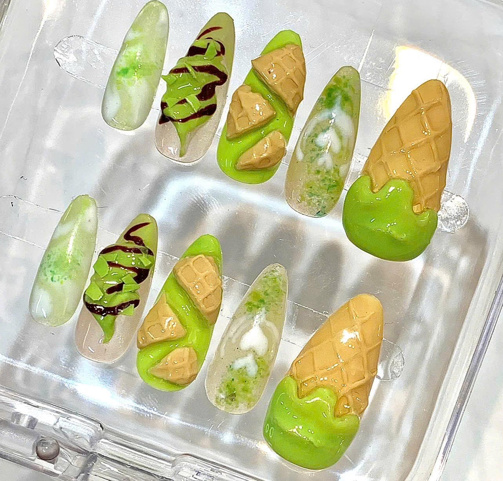 Matcha Ice Cream Press-On Nails, 3D Waffle Cone, Sweet Summer Manicure