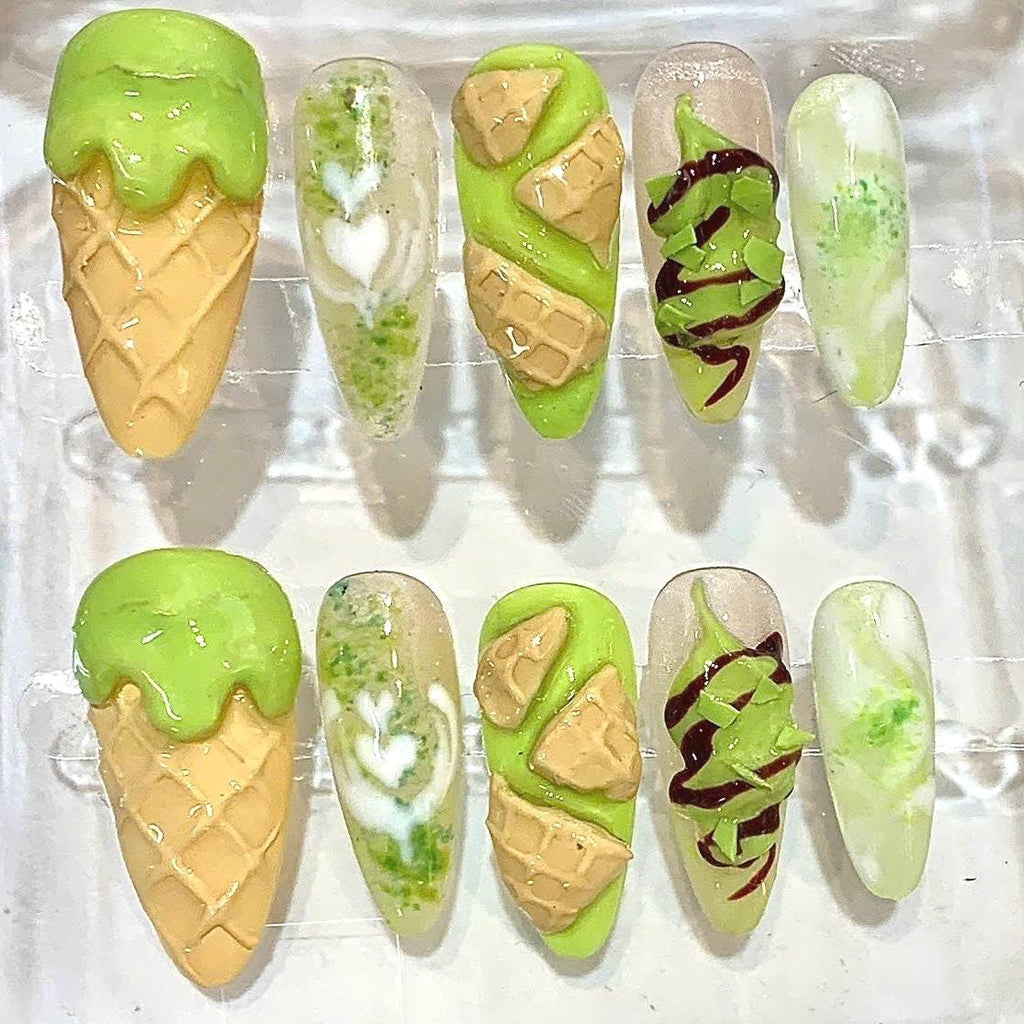 Matcha Ice Cream Press-On Nails, 3D Waffle Cone, Sweet Summer Manicure