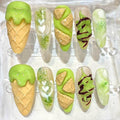 Matcha Ice Cream Press-On Nails, 3D Waffle Cone, Sweet Summer Manicure