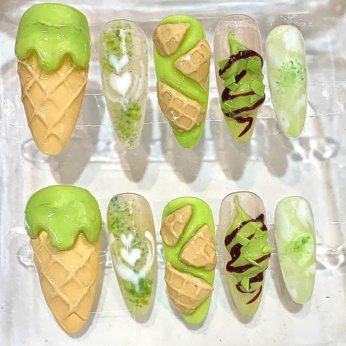 Matcha Ice Cream Press-On Nails, 3D Waffle Cone, Sweet Summer Manicure