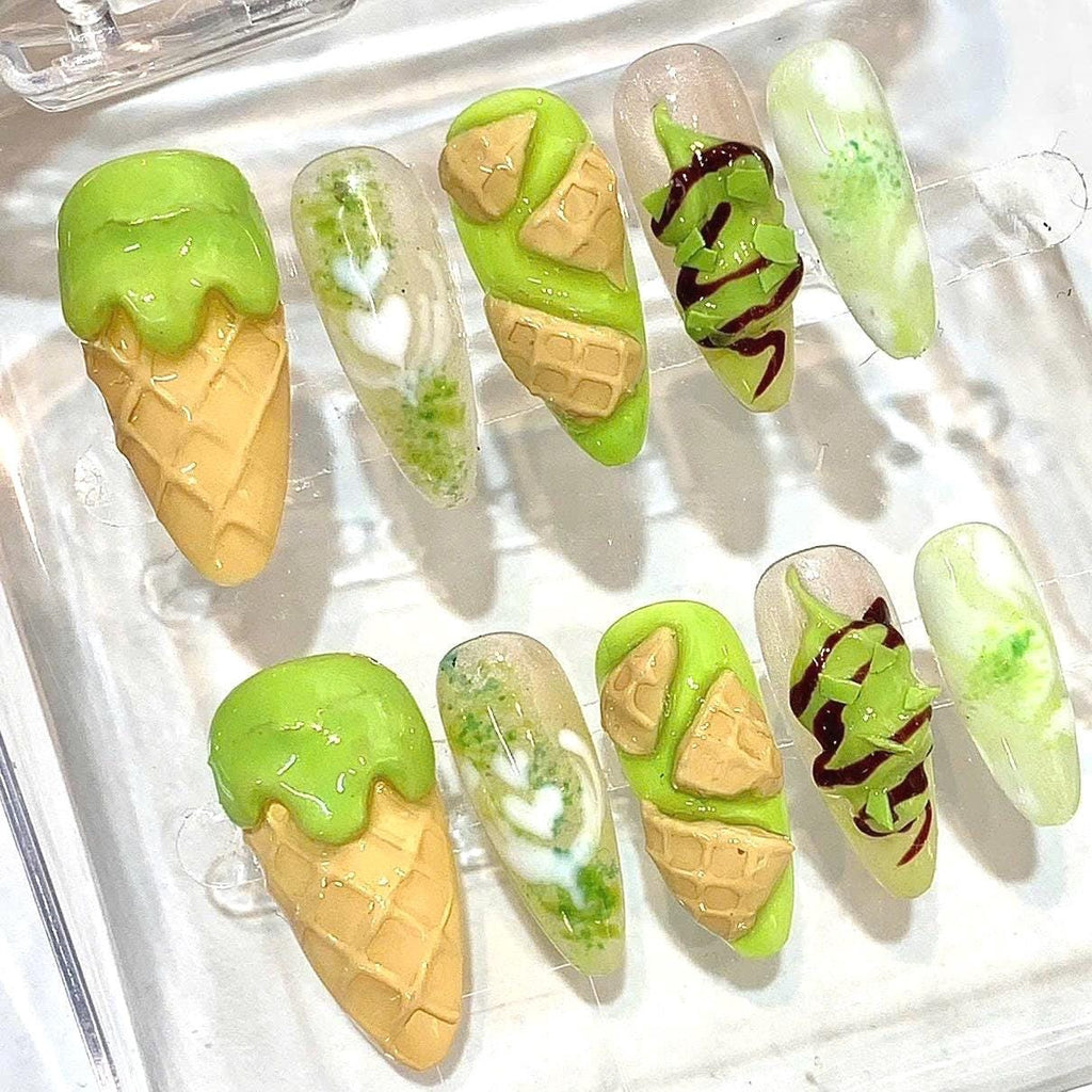 Matcha Ice Cream Press-On Nails, 3D Waffle Cone, Sweet Summer Manicure