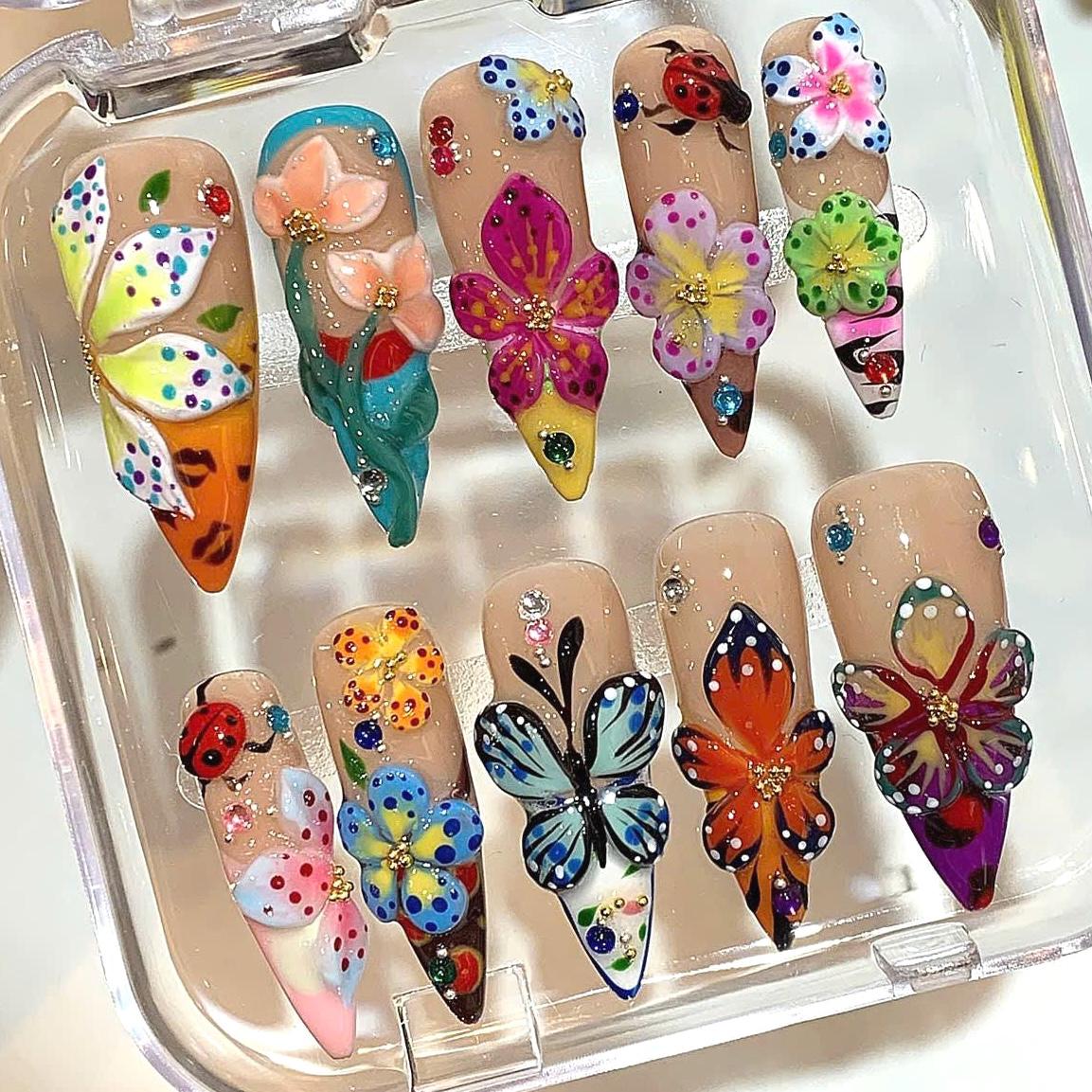 Flower Butterfly Press On Nails: 3D Floral Garden Nail Art