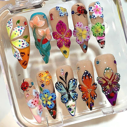 Flower Butterfly Press On Nails: 3D Floral Garden Nail Art