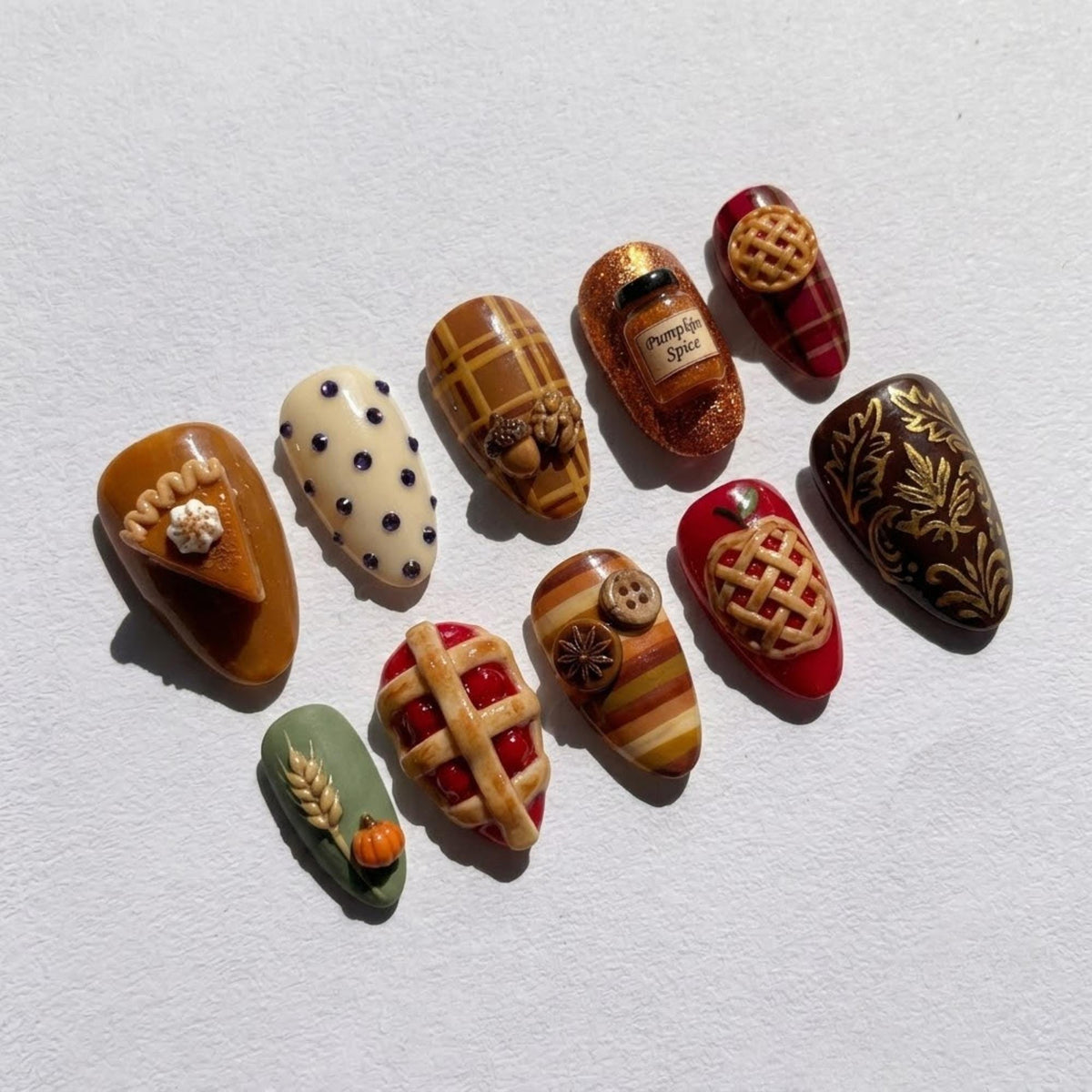 Thanksgiving Dessert Press On Nails | Cozy Fall Baking Inspiration | 3D Almond Nail | Pie Pumpkin Spice Plaid Nail | Autumn Treat Art Nail